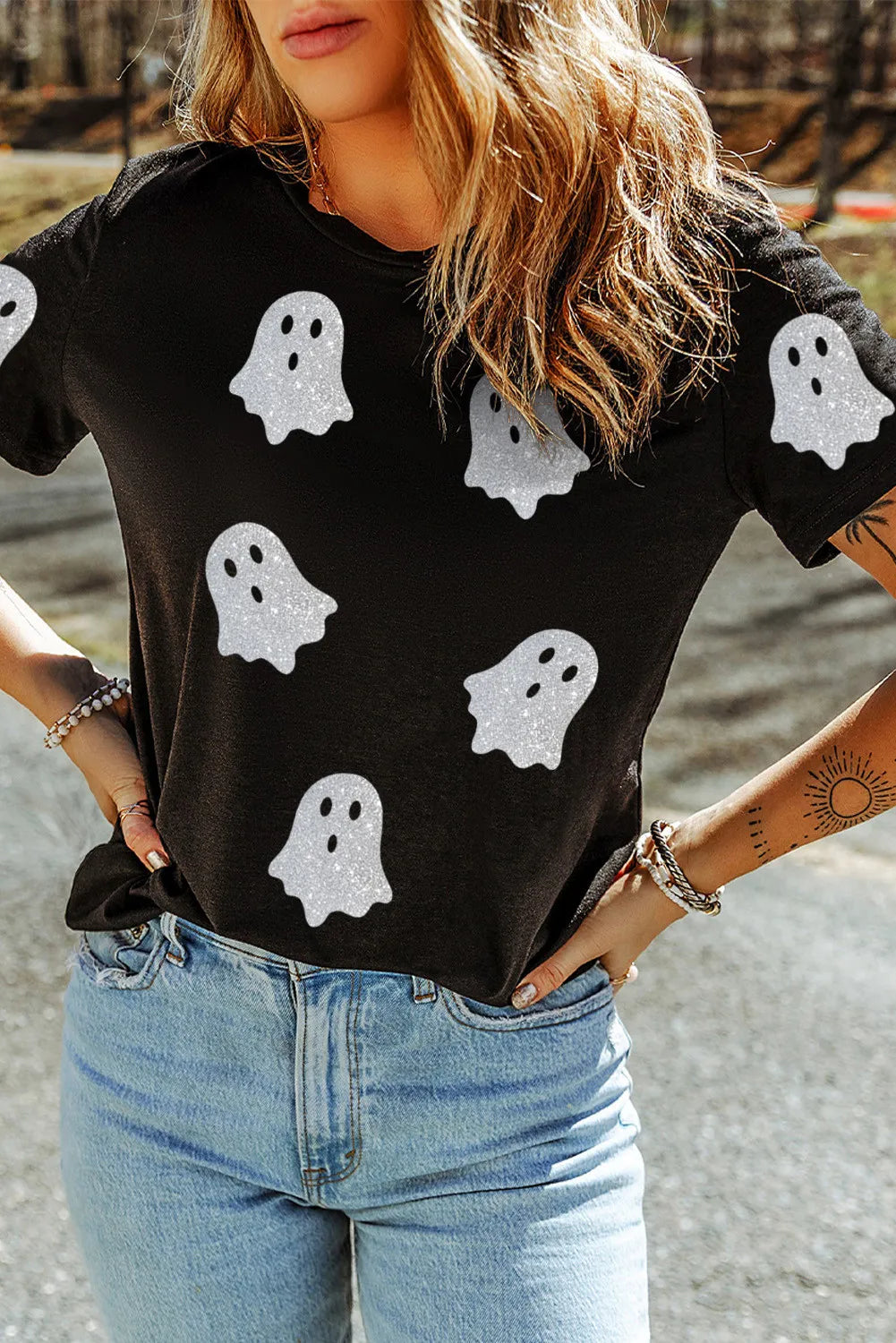 Olivia LaCroix Glitter Ghost Round Neck Short Sleeve T-Shirt