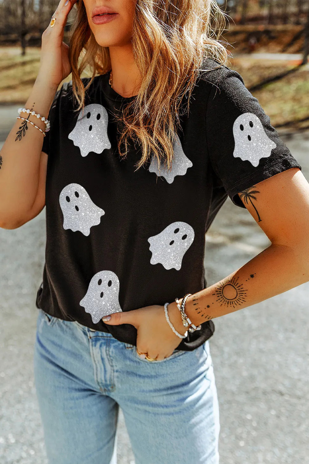 Olivia LaCroix Glitter Ghost Round Neck Short Sleeve T-Shirt