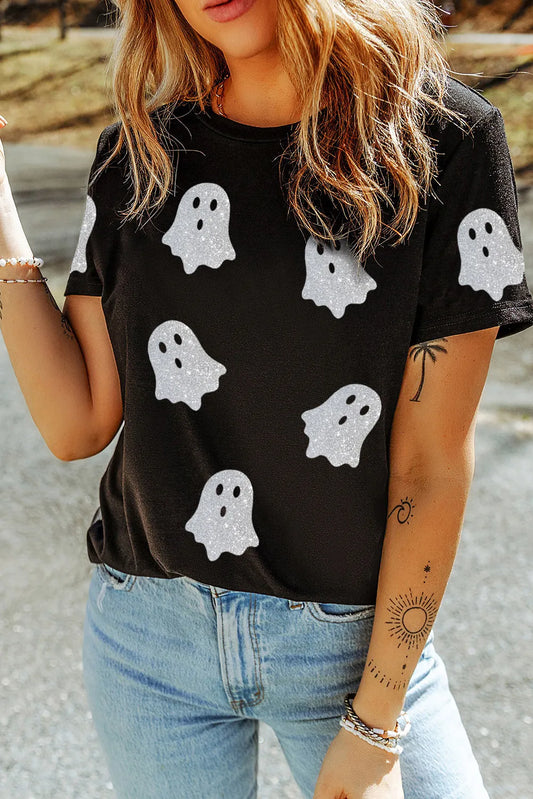 Olivia LaCroix Glitter Ghost Round Neck Short Sleeve T-Shirt