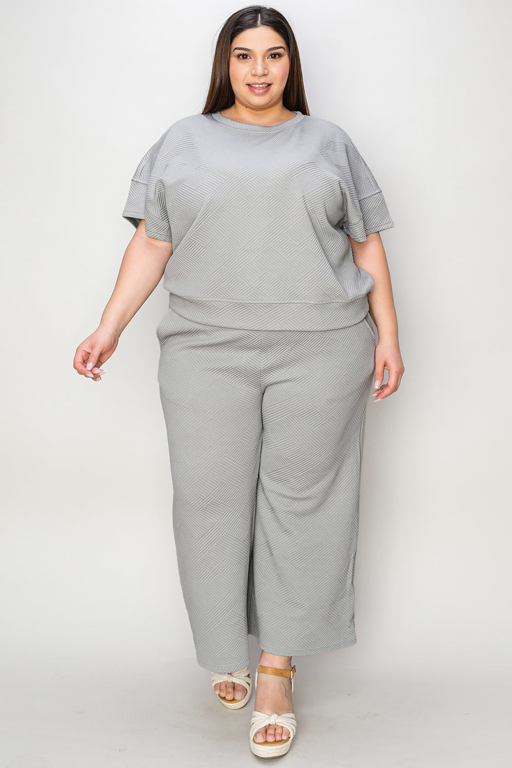 Olivia LaCroix Full Size Texture Short Sleeve Top and Pants Set